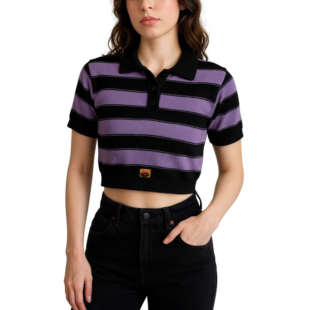 FB COUNTY Classic Crop Stripe Knit‎ Polo Shirt XS Purple Black Y2K Streetwear